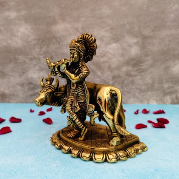 Brass krishna idol with cow height 6.5 inch