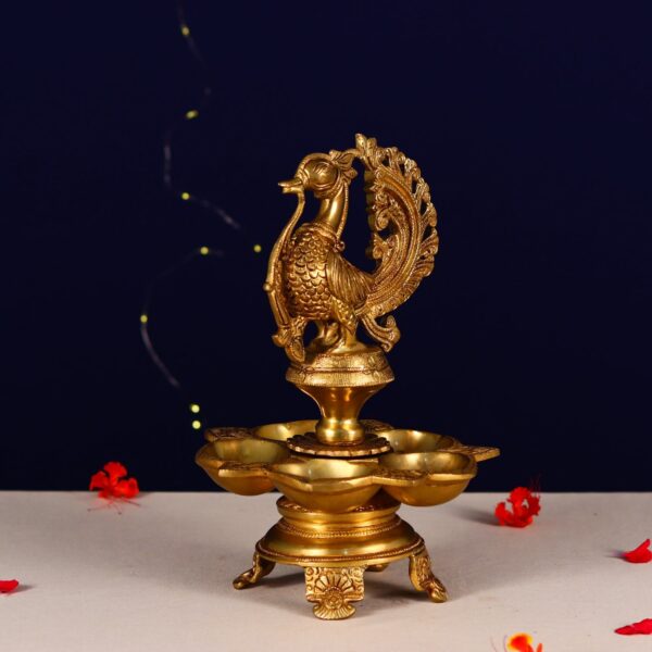 Brass five petal peacock diya height 11.5 inch