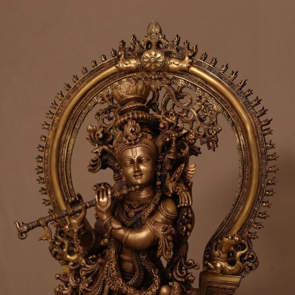 Antique large size brass Krishna idol playing flute (32″)