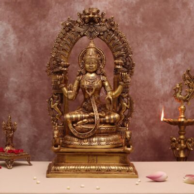 Large size brass goddess laxmi idol sitting on a throne
