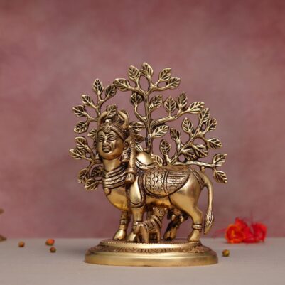 Brass Kamadhenu cow with tree