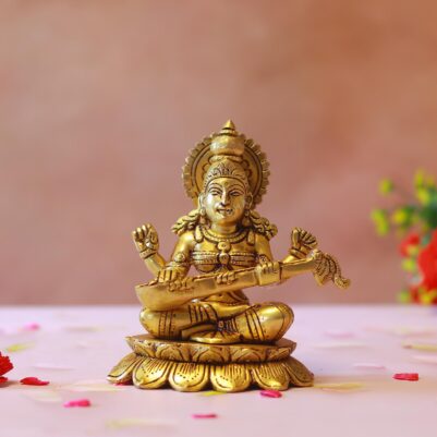brass saraswati mata idol - 6 inches