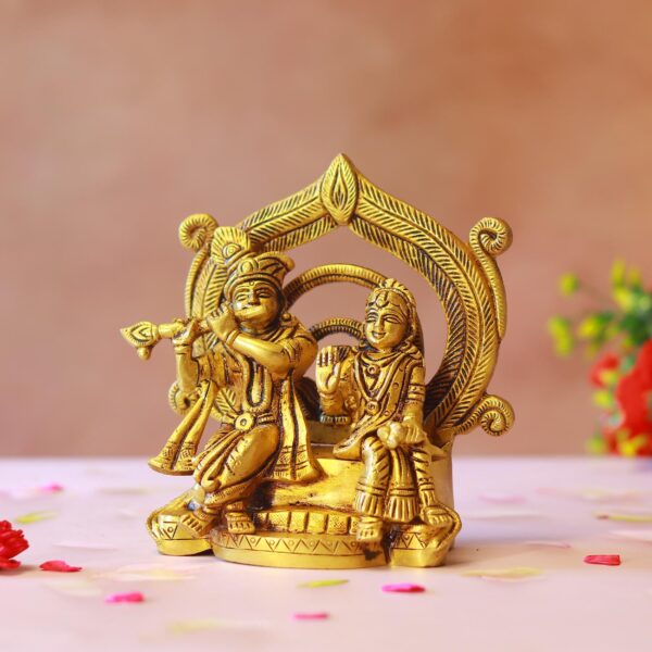 Brass Radha Krishna idol sitting sitting on throne 6 inches