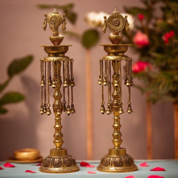 brass sankha chakra diya set height 30 inches