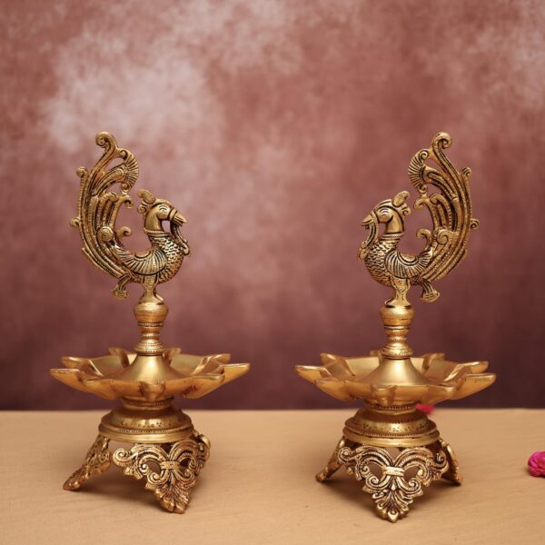 Brass peacock nine petal hanging diya set