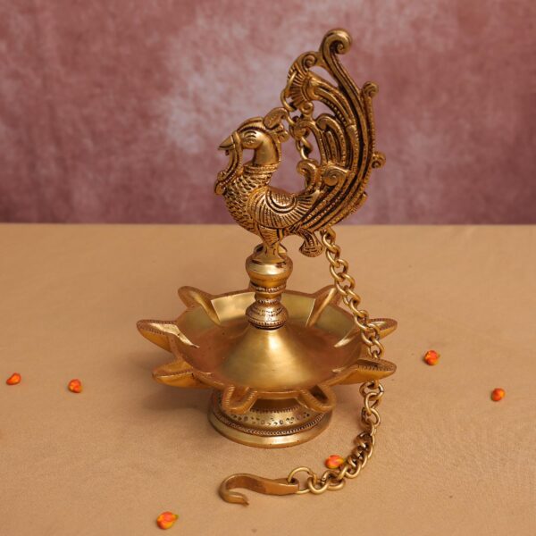 Brass peacock nine petal hanging diya 26.5 inches