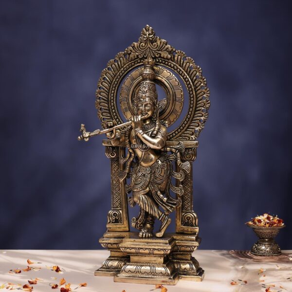 Antique Brass Krishna Idol with frame 17 Inches Height