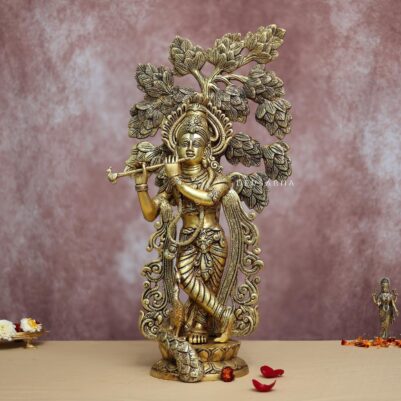 Brass Lord Krishna Idol with tree 22.3 Inches height