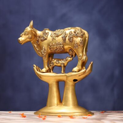 Brass Superfine Kamadhenu Cow with Calf Idol height 17.5 inches