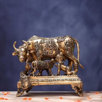 Antique Brass Kamadhenu Cow with Krishna Idol 12 Inches Height