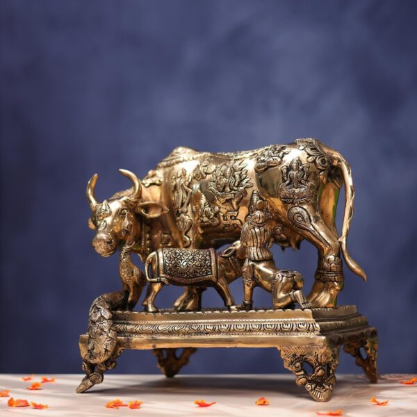 Antique Brass Kamadhenu Cow with Krishna Idol 12 Inches Height
