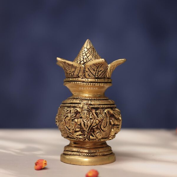 Brass Kalash Idol with Ganesh and Laxmi Carving Height 6 Inch