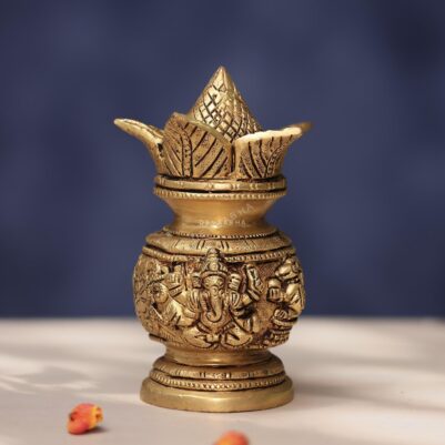 Brass Kalash Idol with Ganesh and Laxmi Carving Height 6 Inch