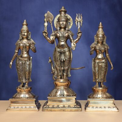 Antique Brass murugan  with  devasena and  Valli  height  23.5 inches
