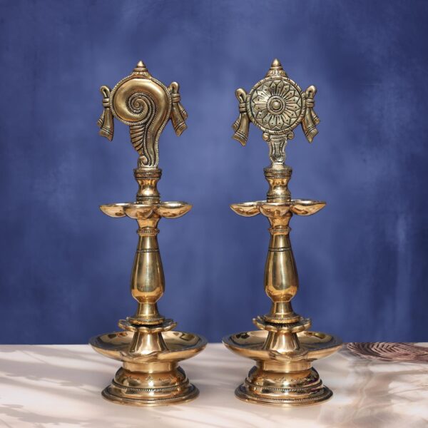 Antique Brass Shankha Chakra Lamp Pair 14.5 Inch Traditional Decorative Statue