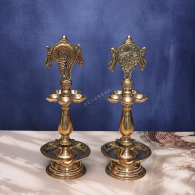 Antique Brass Shankha Chakra Lamp Pair 14.5 Inch Traditional Decorative Statue