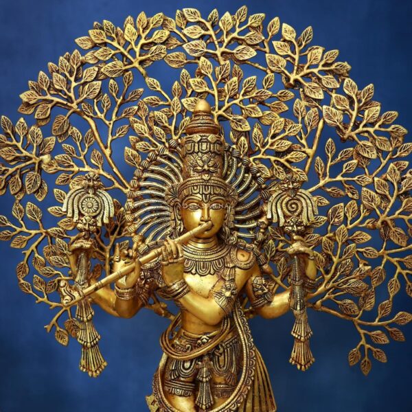 Brass Krishna Idol with Tree 29 Inch Graceful and Beautiful Decorative Statue
