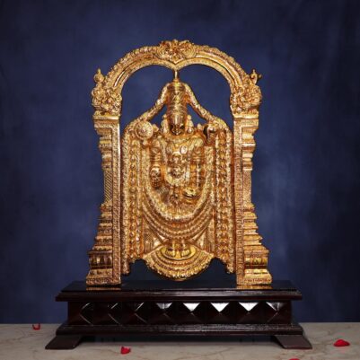 30 Inch Gold Plated Brass Balaji Idol with Wooden Base – front view