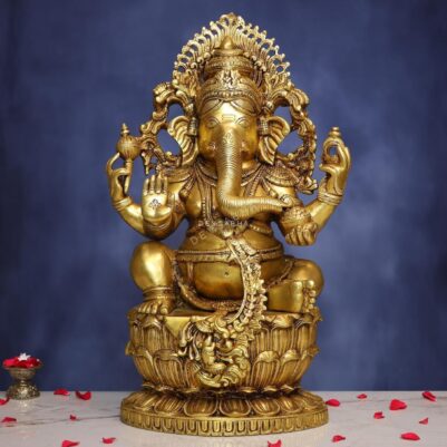 Large Brass Ganesh Laxmi Saraswati Idol – 25.5 Inches – Divine Trio Statue – top view