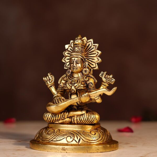 Superfine Brass Saraswati Idol – 5.3 Inch