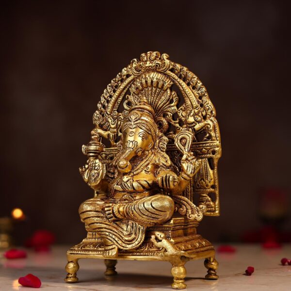 Brass Ganesh Idol Sitting on Singhasan – 8 Inch