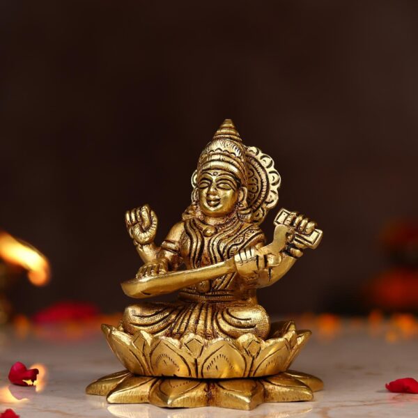 Brass Goddess Saraswati Idol Height 5.3 Inch