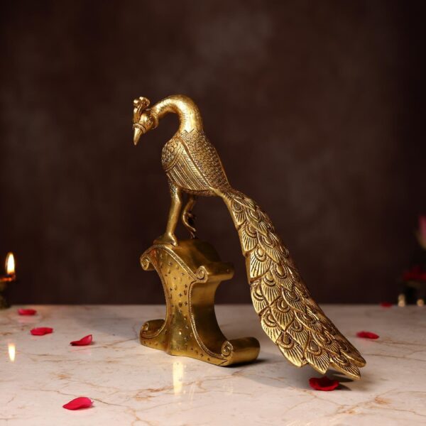 Brass Standing Peacock with Chowki Height 10.2 Inch