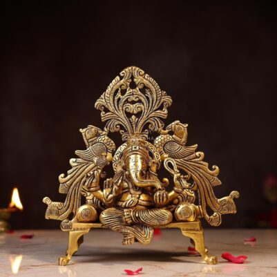 Brass Ganesh Idol Sitting on Singhasan Height 9.2 Inch Pure