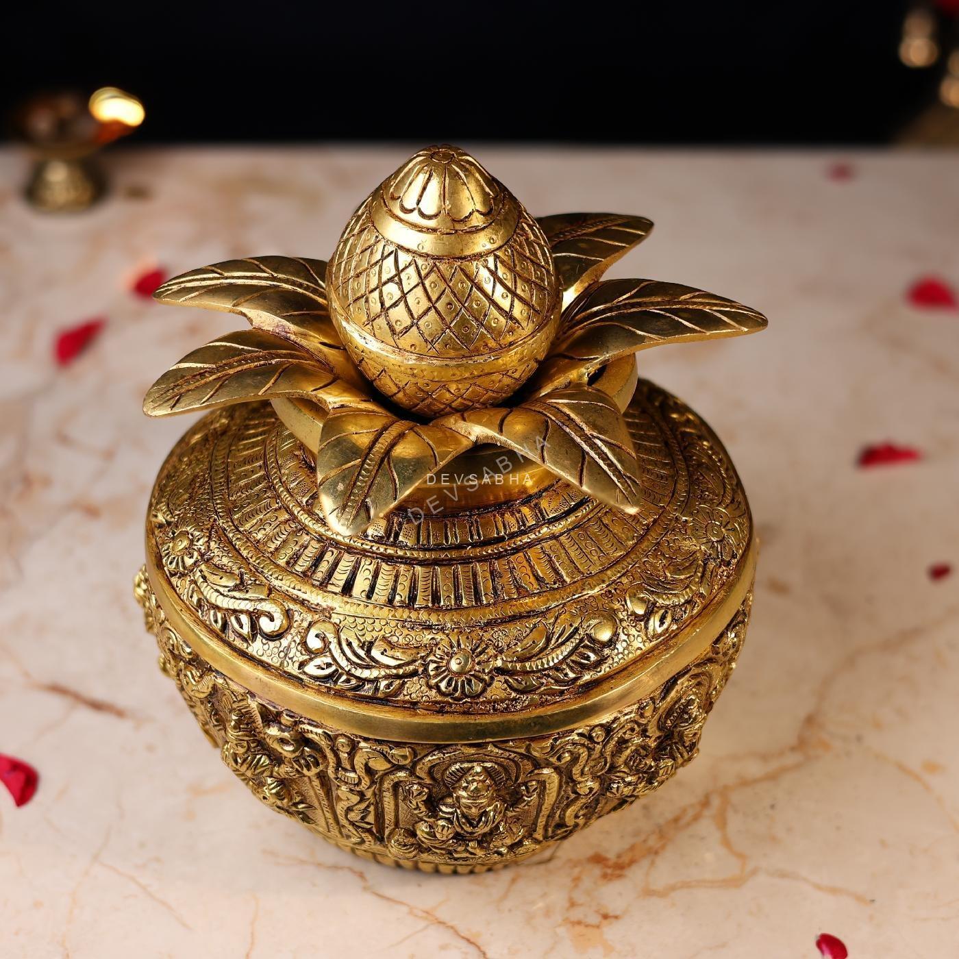 Brass Kalash with Ashta Laxmi Carving Height 10 Inch