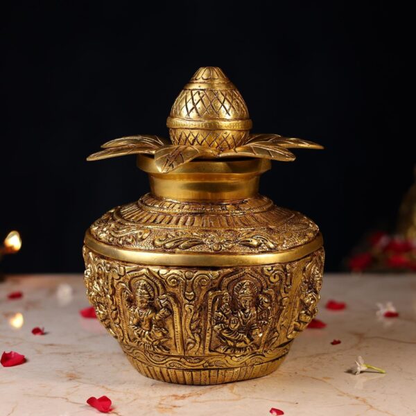 Brass Kalash with Ashta Laxmi Carving Height 10 Inch