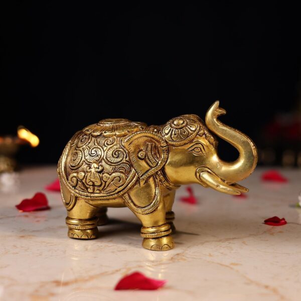 Brass Elephant with Carving Height 4.5 Inch