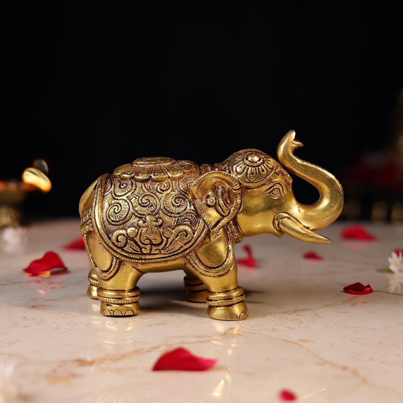 Brass Elephant with Carving Height 4.5 Inch