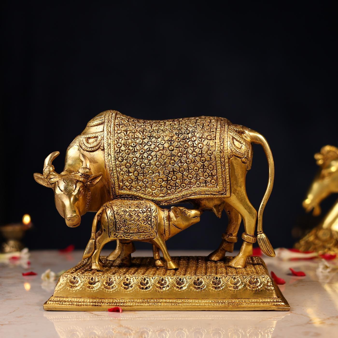 Superfine Brass Kamadhenu with Calf Height 8 Inch