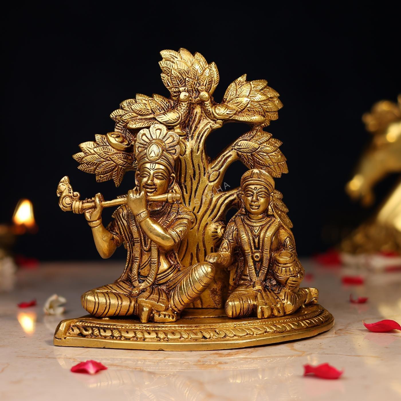 Brass Radha Krishna Idol Sitting Under Kalpavriksha Tree Height 7 Inch