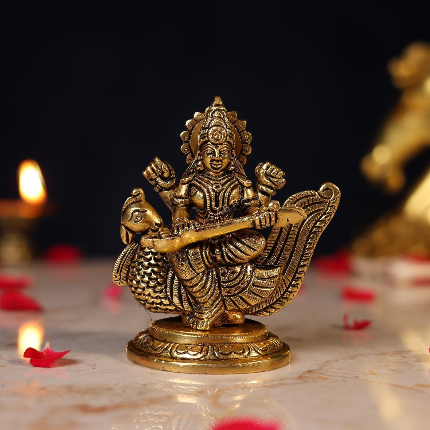 Brass Goddess Saraswati Idol – 4.5 Inch