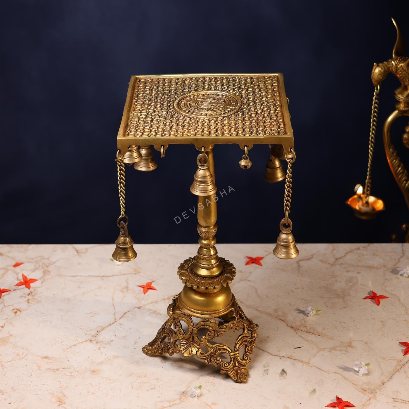 Large Brass Chowki with Bell – 15 Inch Pure Handcrafted Pooja Stool
