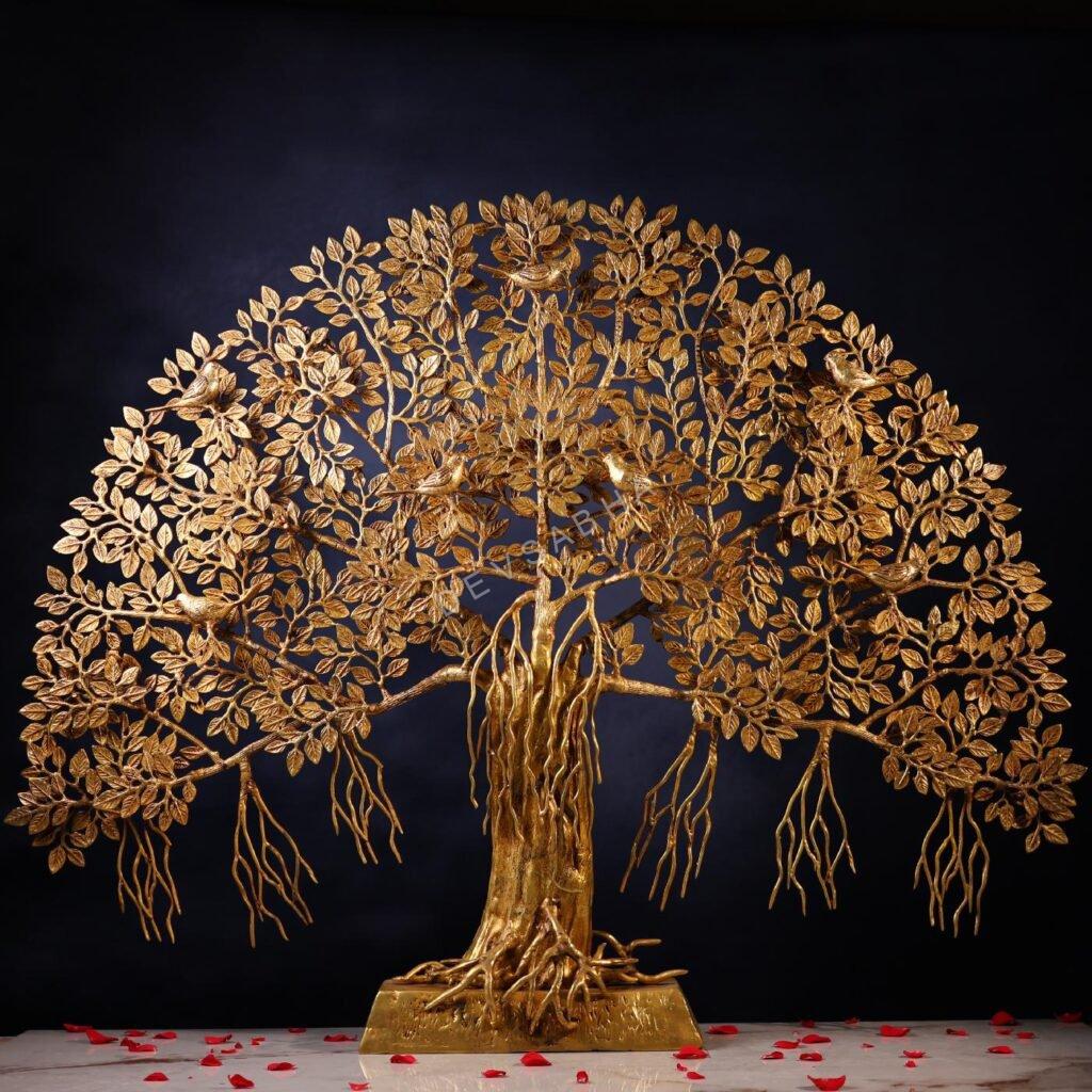 Large Brass Standing Tree of Life with Perched Birds – 40 Inches – Handcrafted Decorative Art Piece