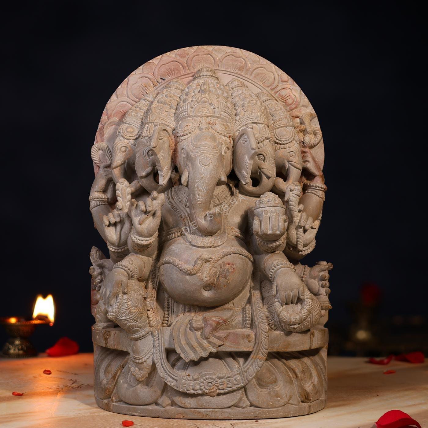 Stone Panchmukhi Ganesh Idol – 1 Foot Handcrafted Murti