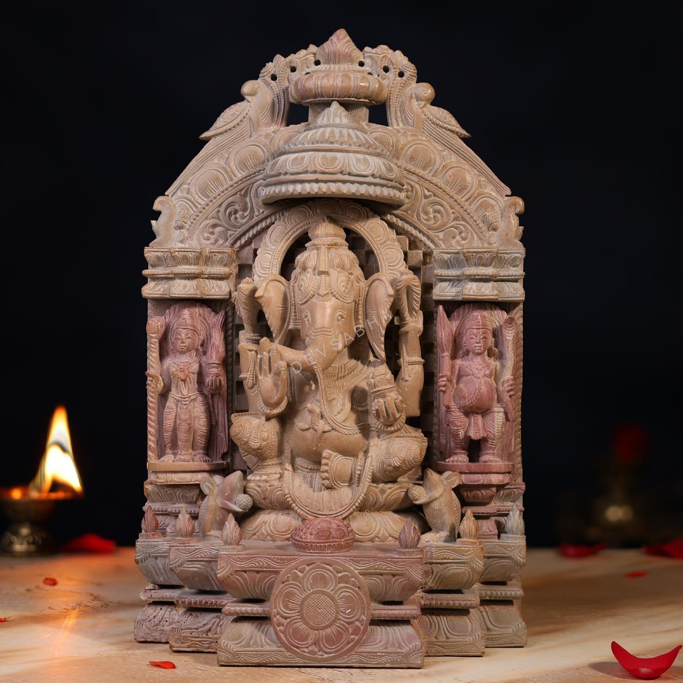 Stone Ganesh Idol on Singhasan – 12 Inch Handcrafted Murti for Pooja
