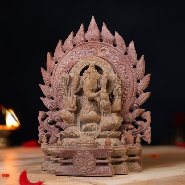 Pink Stone Ganesha Idol Sitting on Throne 8 Inch Handcrafted Murti for Pooja