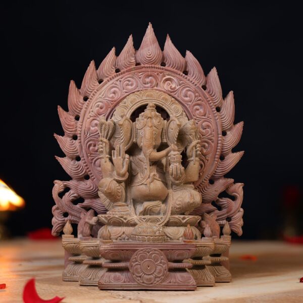 Pink Stone Ganesha Idol Sitting on Throne 8 Inch Handcrafted Murti for Pooja
