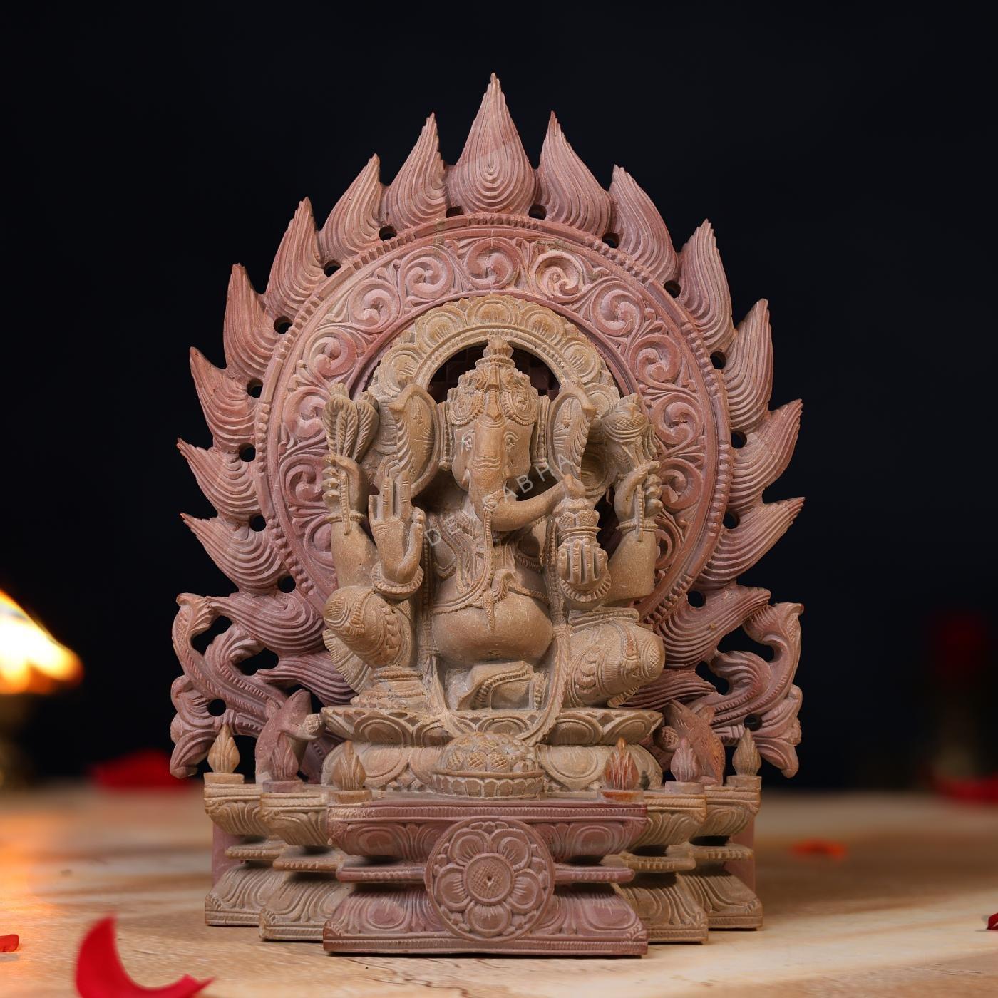 Pink Stone Ganesha Idol Sitting on Throne 8 Inch Handcrafted Murti for Pooja