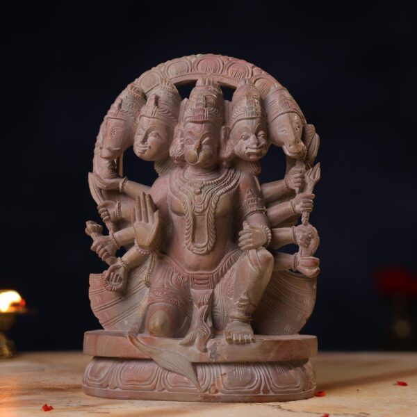 Pink Stone Panchmukhi Hanuman Idol – 8 Inch Handcrafted Murti for Pooja