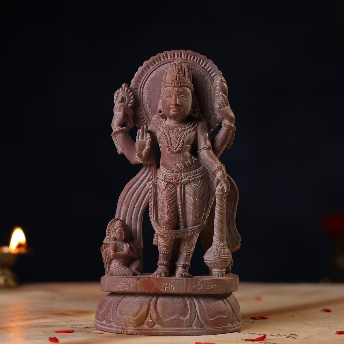 Pink Stone Standing Vishnu Idol – 8 Inch Handcrafted Murti