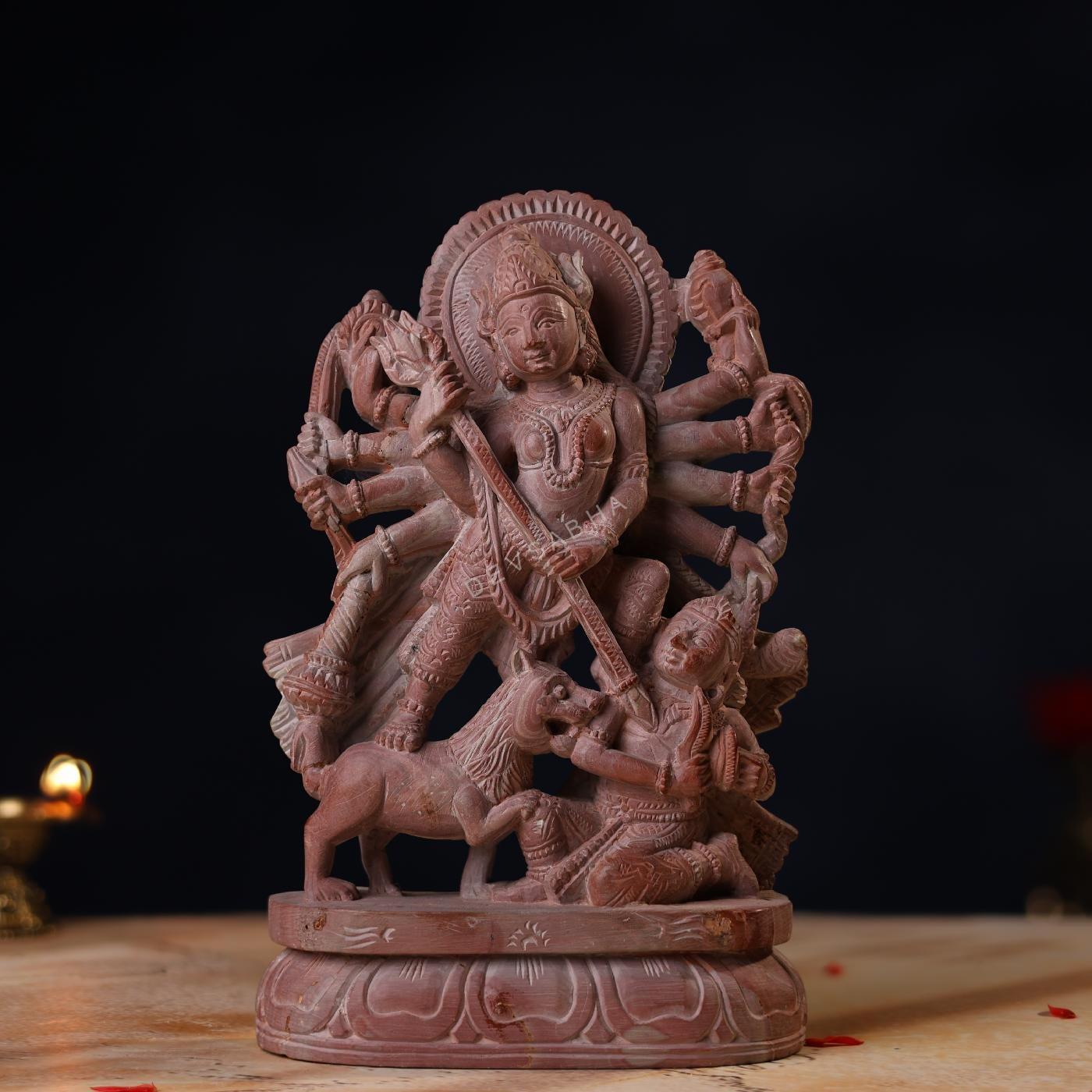 Pink Stone Durga Mata Idol – 8 Inch Handcrafted Murti
