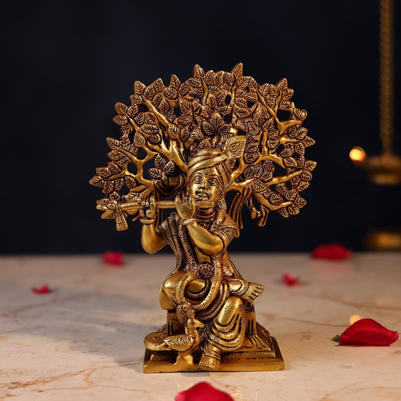 Brass Krishna Idol Sitting Under Tree – 8 Inch Handcrafted Murti for Pooja