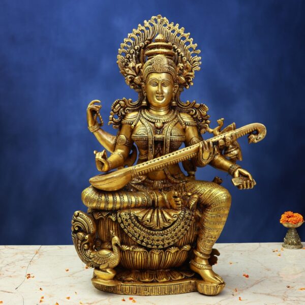 Large Brass Ganesh Laxmi Saraswati Idol – 25.5 Inches – Divine Trio Statue – side view
