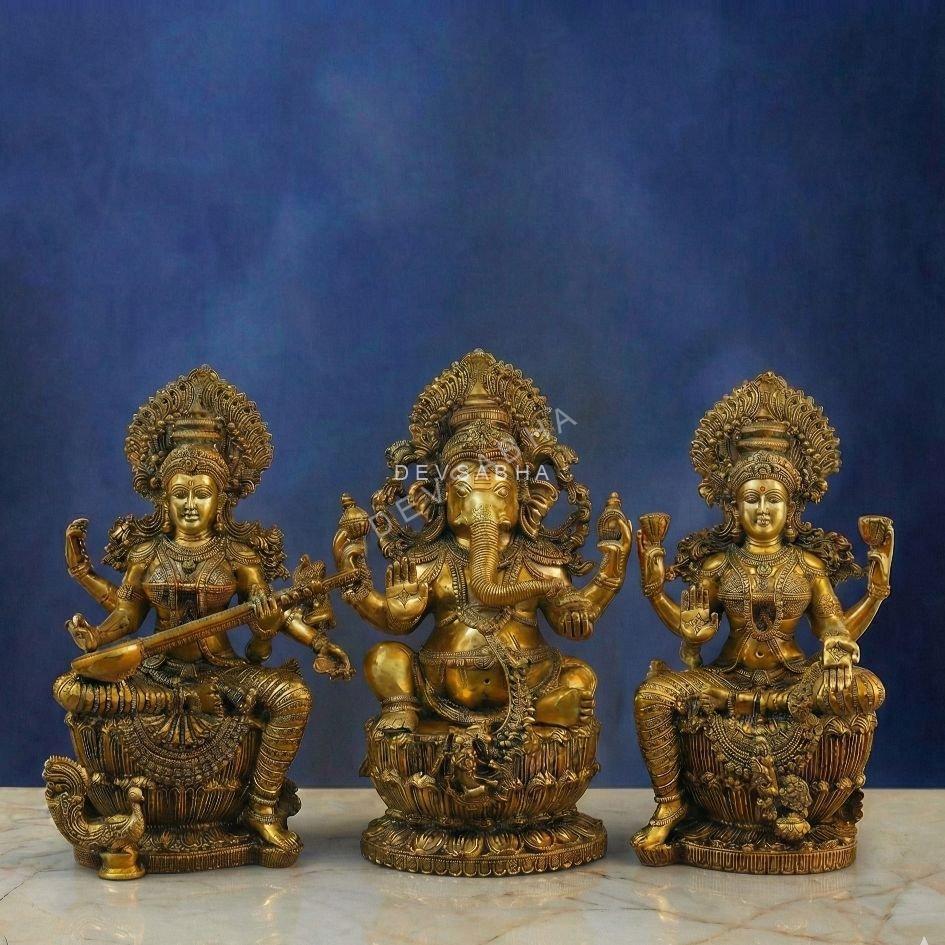 Large Brass Ganesh Laxmi Saraswati Idol – 25.5 Inches – Divine Trio Statue – front view