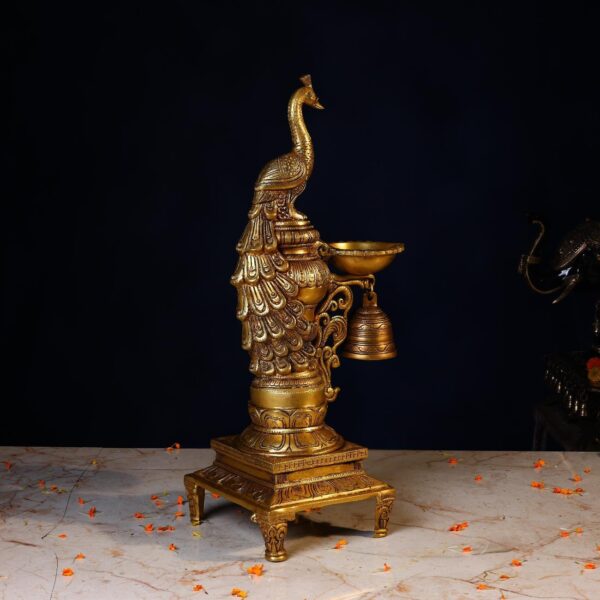 Brass Peacock Lamp – 19 Inches – Elegant Handcrafted Diya for Home & Temple Décor