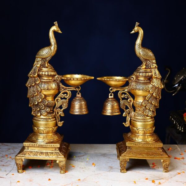 Brass Peacock Lamp Pair – 19 Inches – Elegant Handcrafted for Home & Temple Décor
